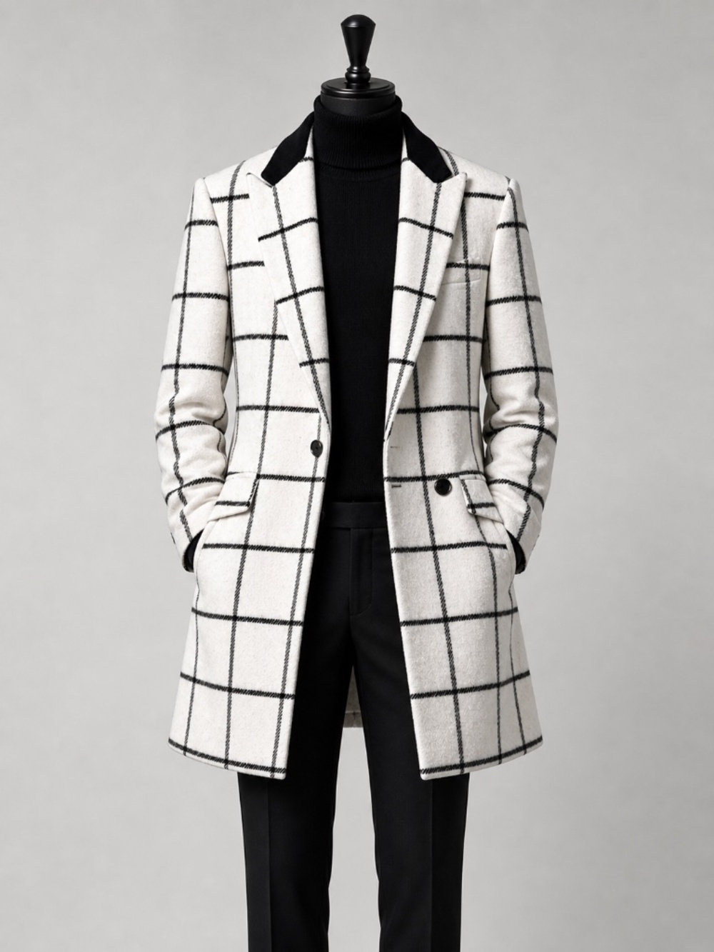 OUYE White & Black Windowpane Plaid Coat | Tailored Double-Breasted